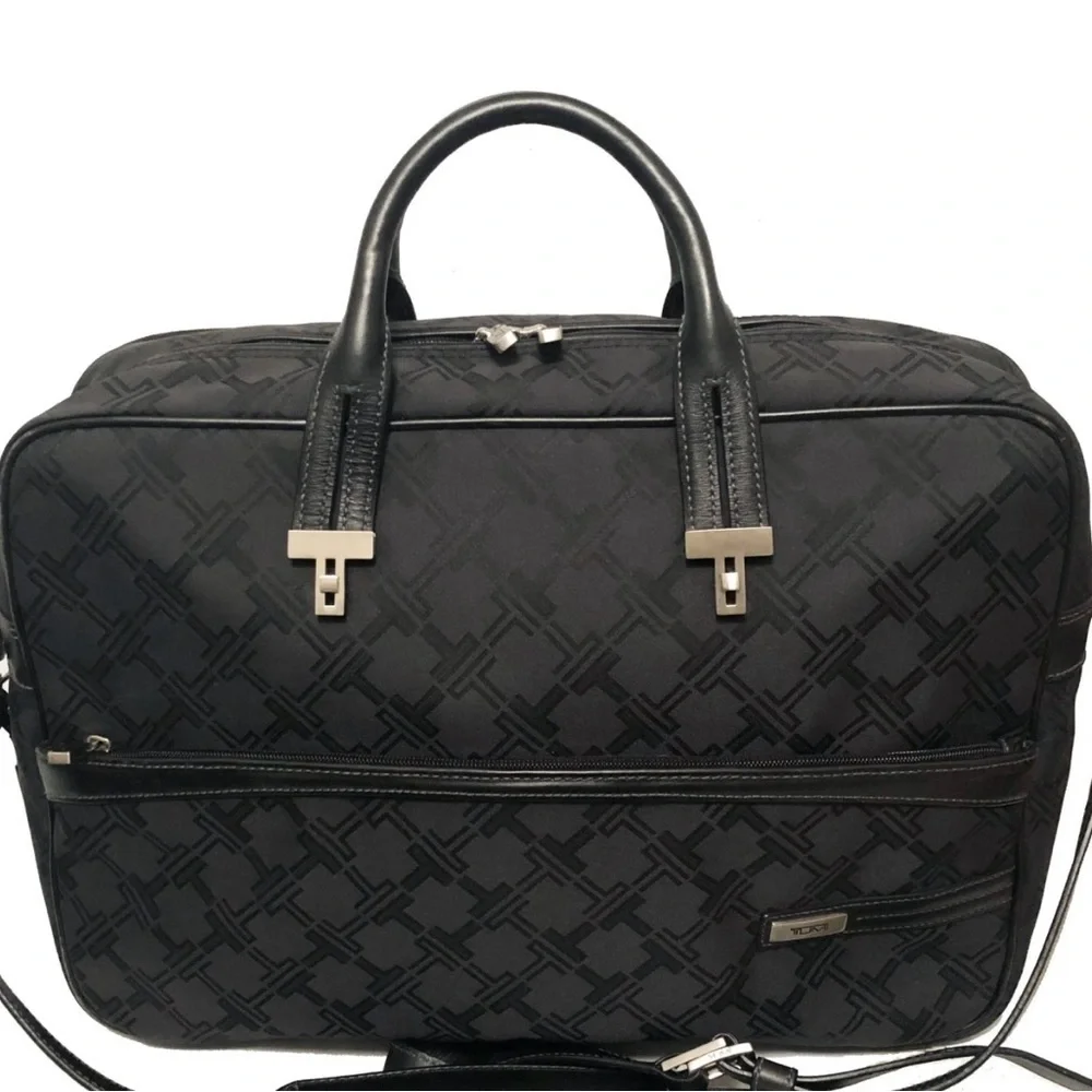 Tumi Black Briefcase with Leather Trim and Silver Hardware